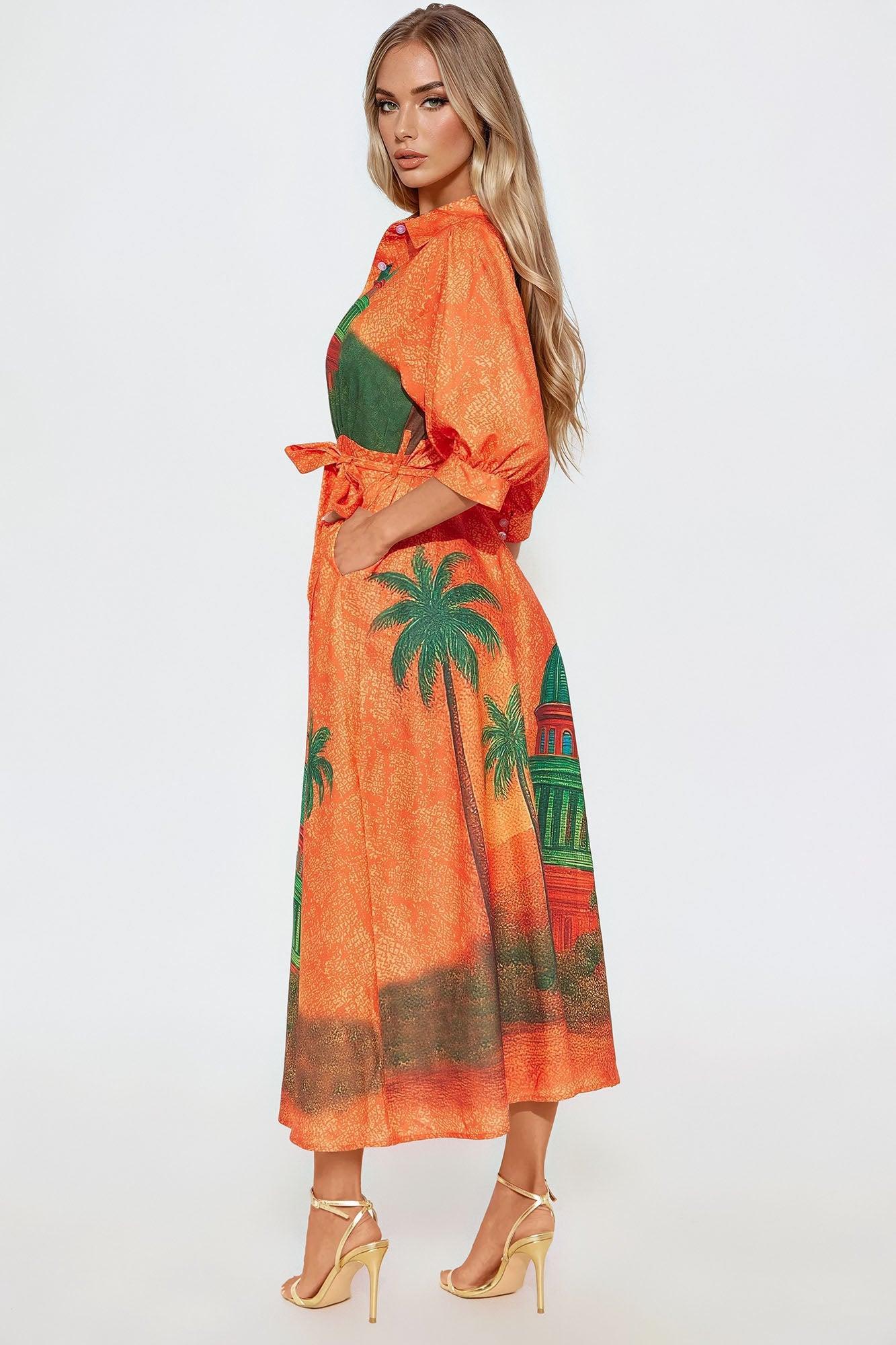 Tuscan Sunsets Maxi Shirt Dress - Orange/combo Product Image