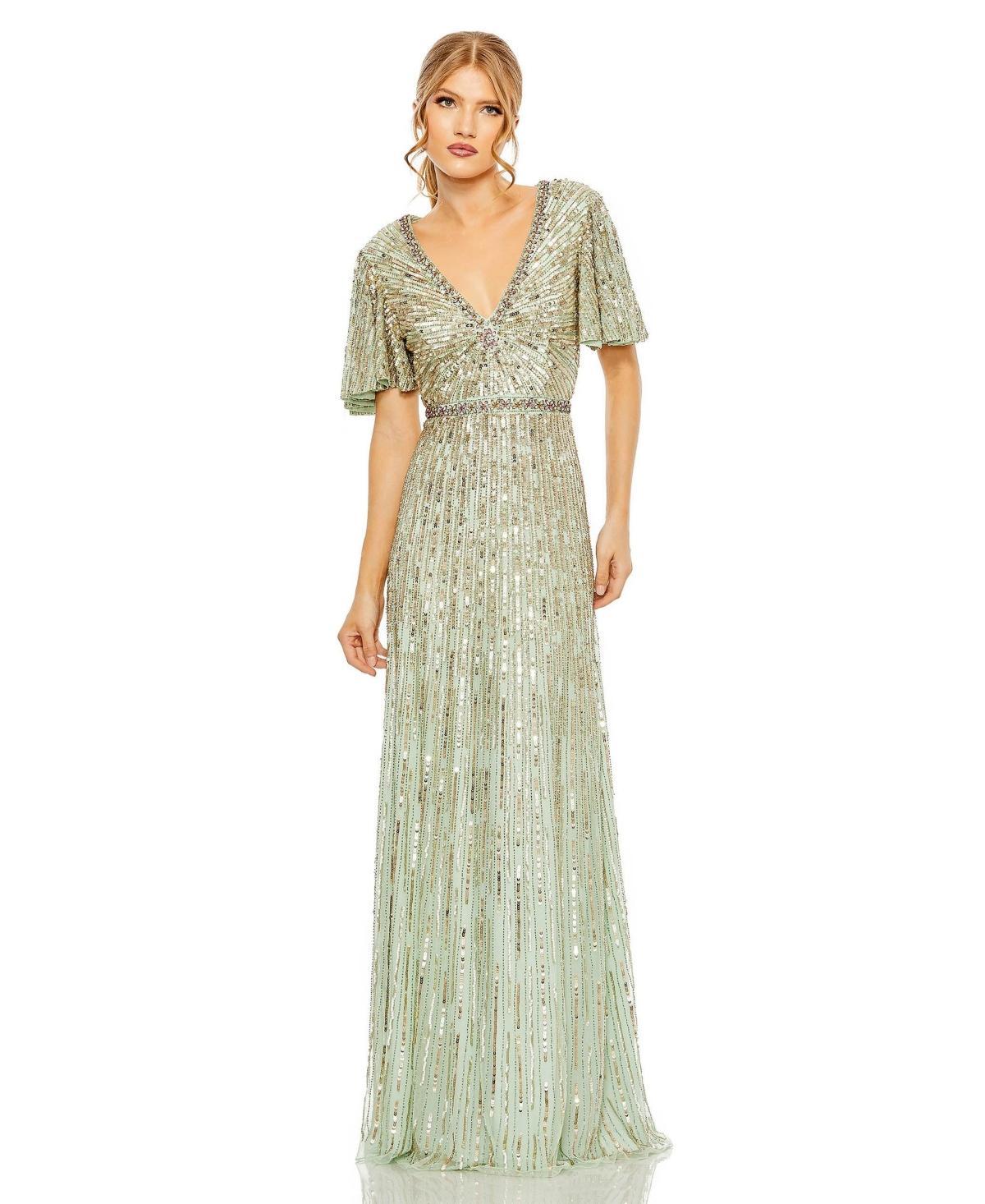 Womens Embellished V Neck Butterfly Sleeve Column Gown Product Image