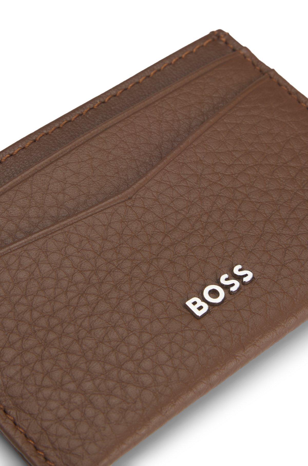 BOSS - Card holder in grained leather with metallic logo lettering - Brown Product Image