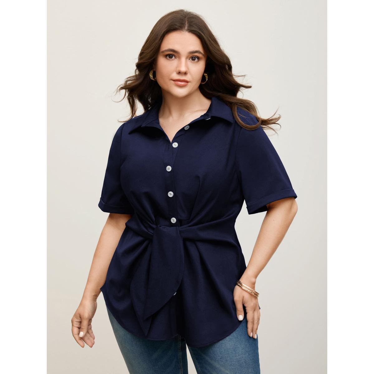 Plus Size Black Knotted Front Asymmetrical Hem Blouse Women Short sleeve Shirt collar Work Blouses BloomChic 12/L Product Image