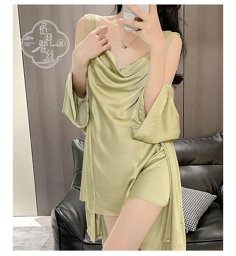Sleeveless Cowl Neck Plain Open Back Nightdress / Pajama Robe / Set Product Image