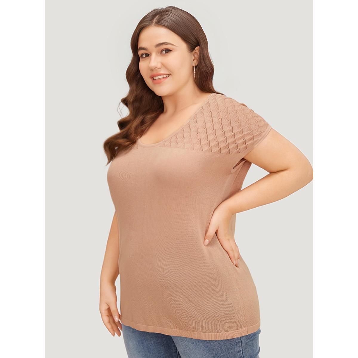 Plus Size Supersoft Essentials Plain Patchwork Batwing Sleeve Scoop Neck Pullover Salmon Women Casual Loose Short sleeve Scoop Neck Dailywear Pullovers BloomChic 12/L Product Image