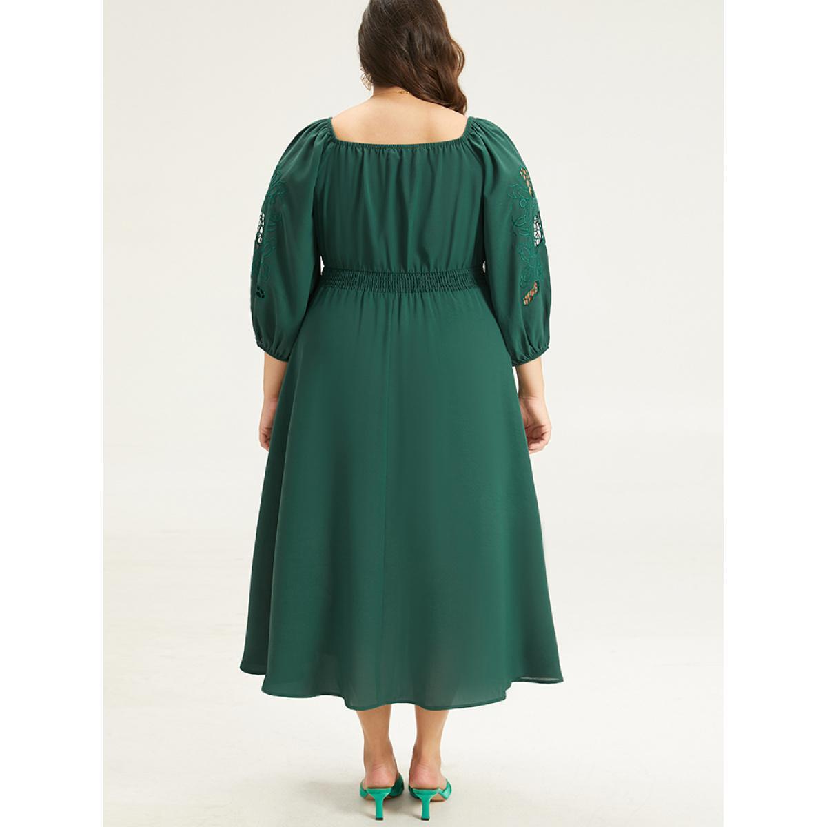 Plus Size Plain Tie Neck Cut Out Shirred Dress DarkGreen Women Elegant Elastic cuffs Square Neck Long Sleeve Curvy Midi Dress BloomChic 22-24/3X Product Image