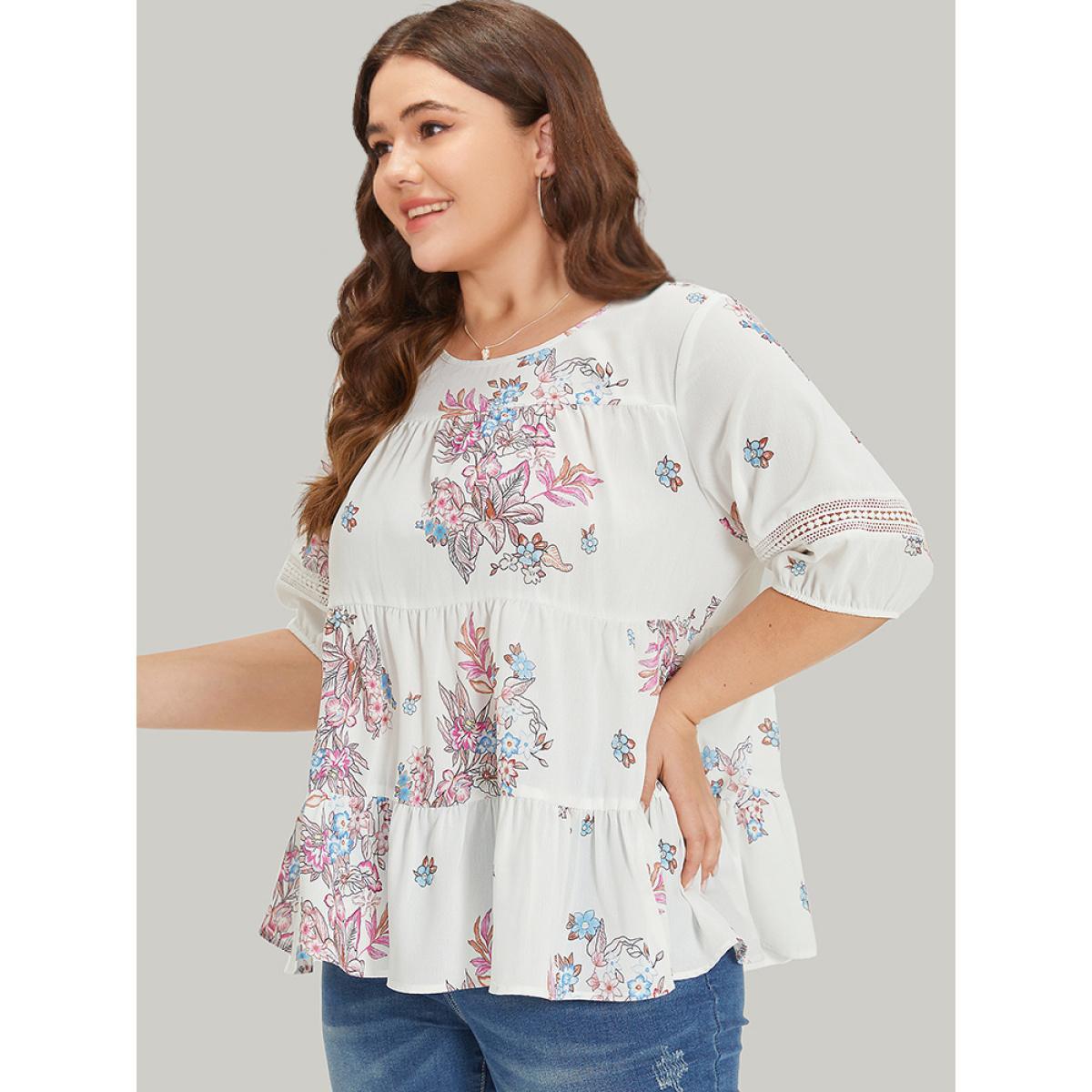 Plus Size White Floral Print Patchwork Ruffle Layered Hem Lantern Sleeve Blouse Women Elegant Half Sleeve Round Neck Dailywear Blouses BloomChic 30/6X Product Image