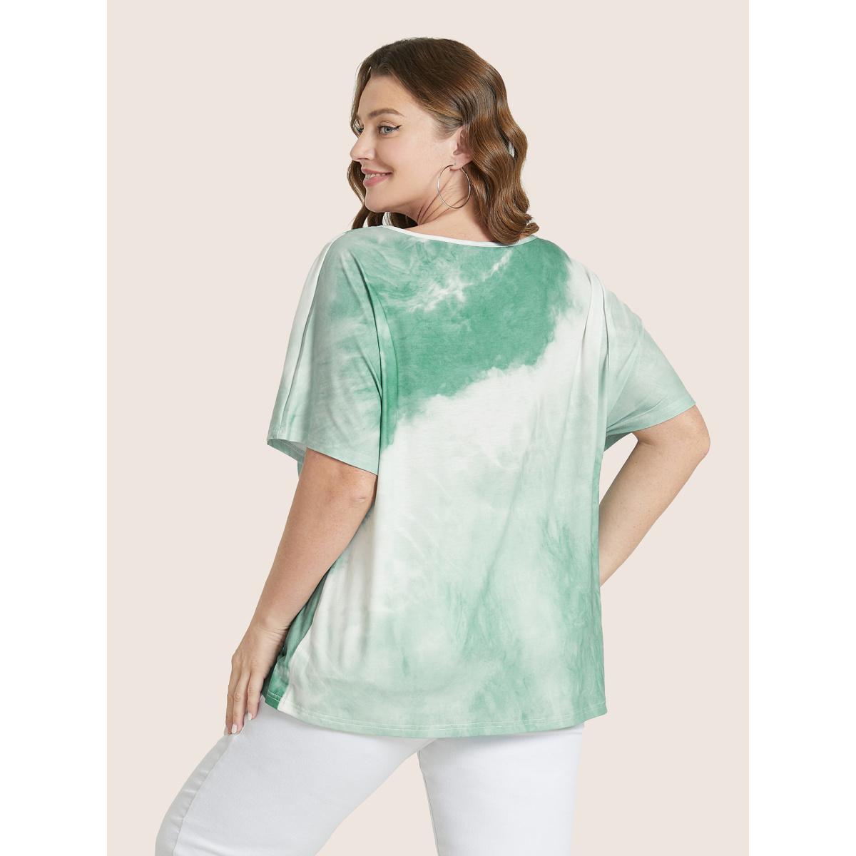 Plus Size Tie Dye Drop Shoulder V Neck T-shirt Sage Women Resort Tie Dye V-neck Vacation T-shirts BloomChic 30/6X Product Image