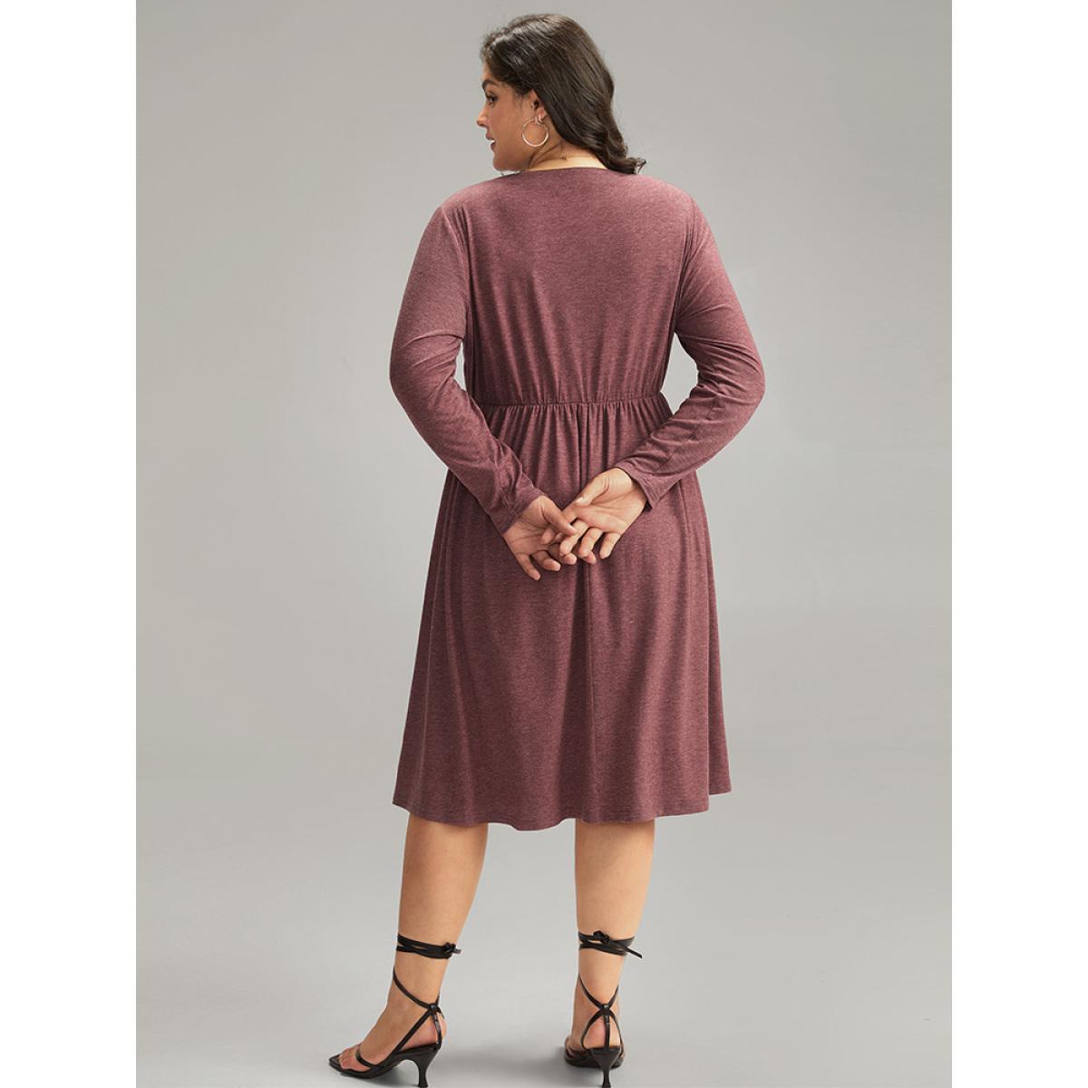 Plus Size Supersoft Essentials Notched Elastic Waist Dress Russet Women Elegant Gathered Notched collar Long Sleeve Curvy Midi Dress BloomChic 28/5X Product Image