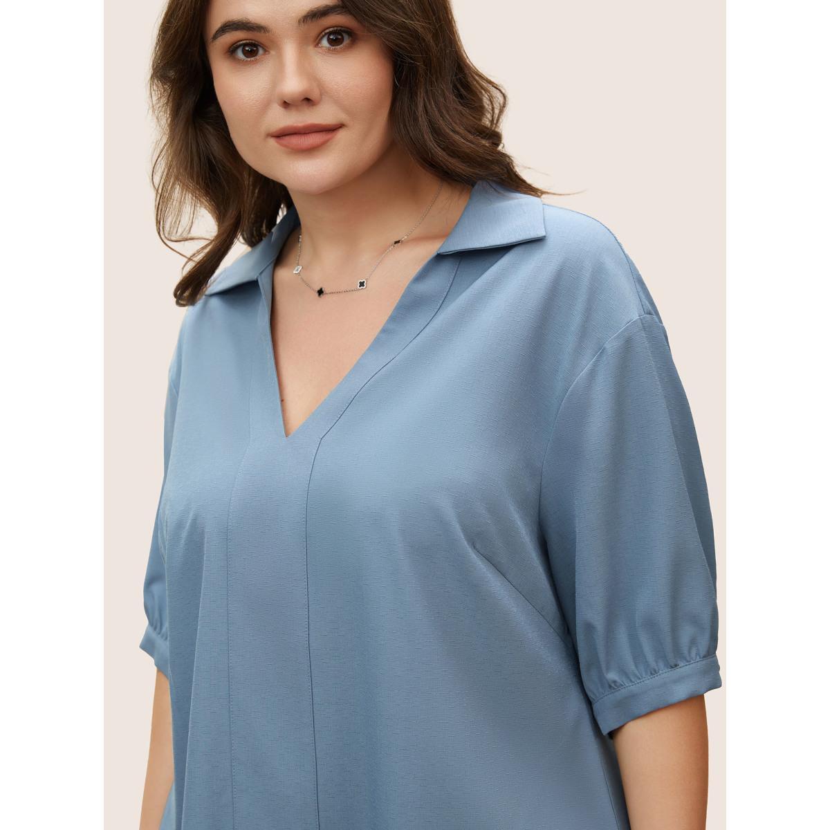 Plus Size Stone Plain Lapel Collar Gathered Puff Sleeve Blouse Women Work From Home Half Sleeve V-neck Work Blouses BloomChic 26/4X Product Image