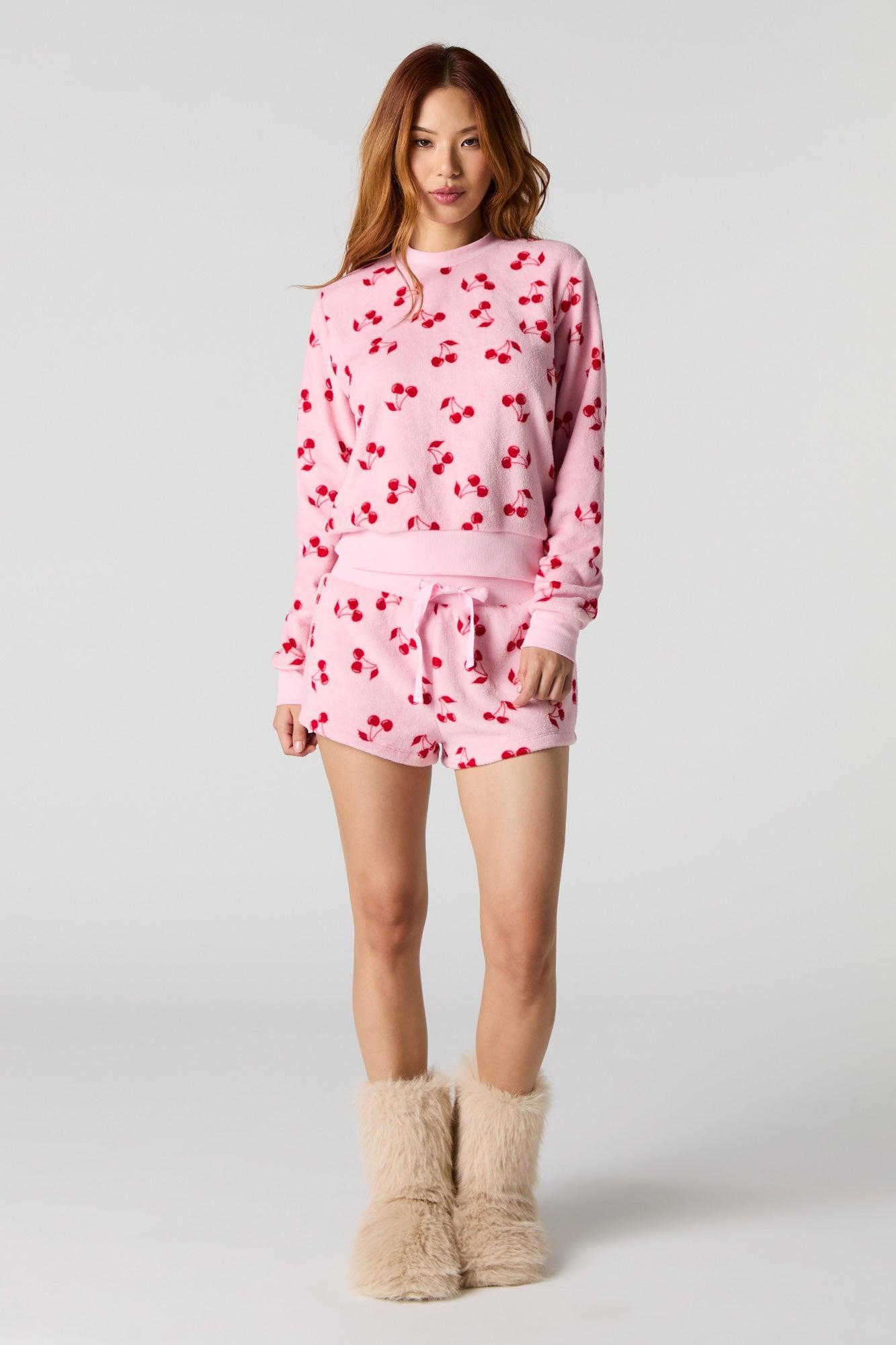 Printed Plush Long Sleeve & Short 2 Piece Pajama Set Female Product Image