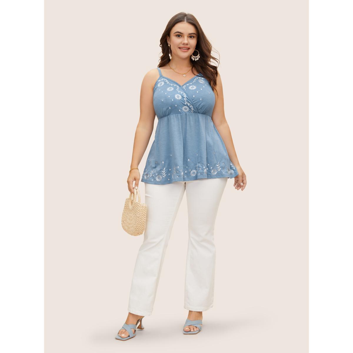 Plus Size Floral Embroidered Overlap Collar Shirred Cami Top Women Stone Resort Overlapping Overlap Collar Vacation Tank Tops Camis BloomChic 28/5X Product Image