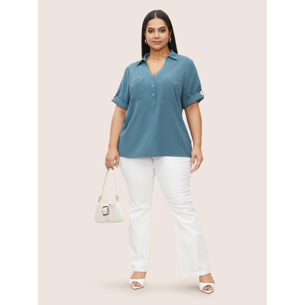 Plus Size Stone Shirt Collar Patched Pocket Tab Sleeve Blouse Women Work From Home Elbow-length sleeve Shirt collar Work Blouses BloomChic 22-24/3X Product Image