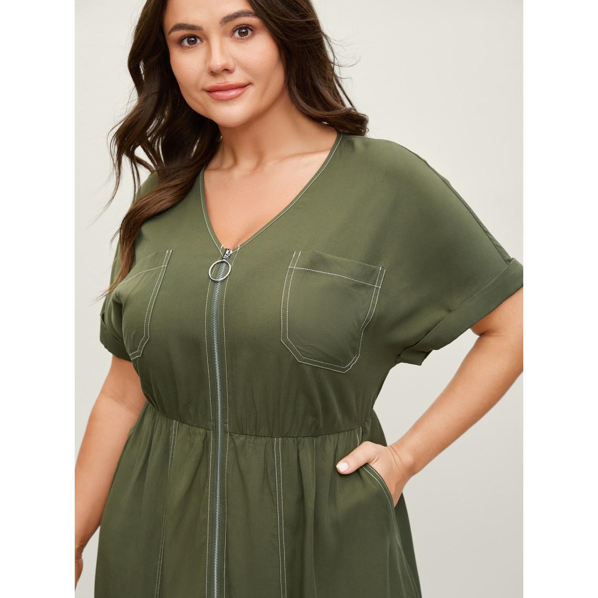 Plus Size Monochrome Zipper Front Pockets Midi Dress ArmyGreen Women V-neck Short sleeve Curvy BloomChic 22-24/3X Product Image
