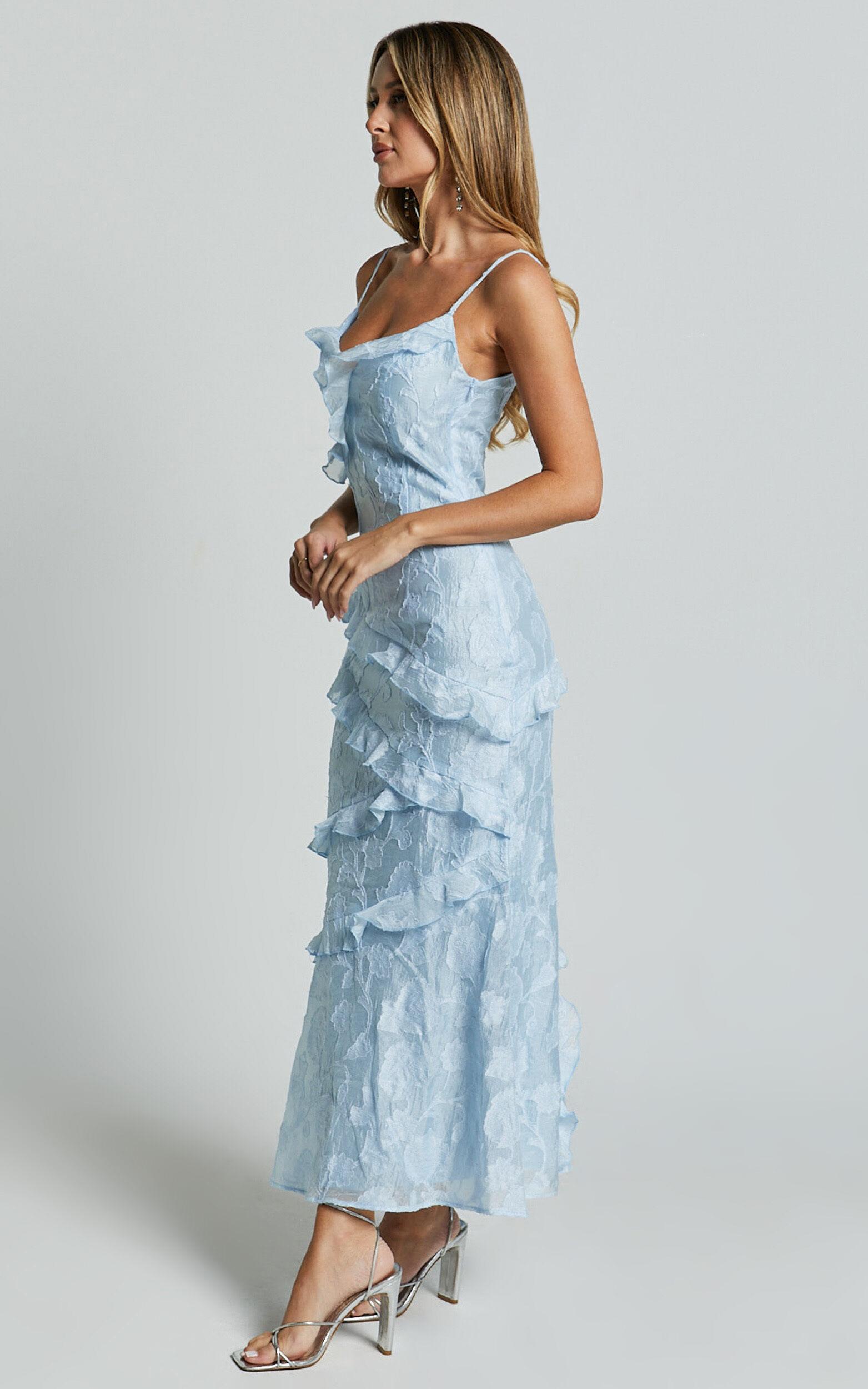 Michaela Midi Dress - Jacquard Ruffle Detail Tiered Dress in Light Blue Product Image