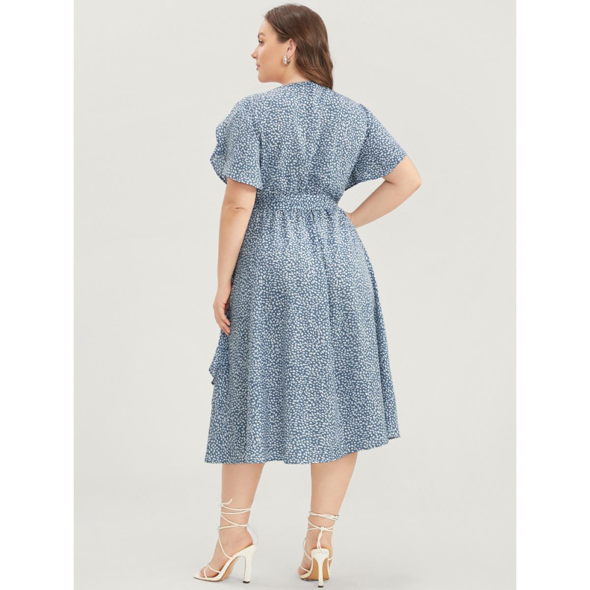 Plus Size Polka Dot Split Sleeve Ruffle Pocket Belted Asymmetrical Hem Dress LightBlue Women Elegant Cross straps V-neck Short sleeve Curvy Midi Dress BloomChic 14-16/1X Product Image