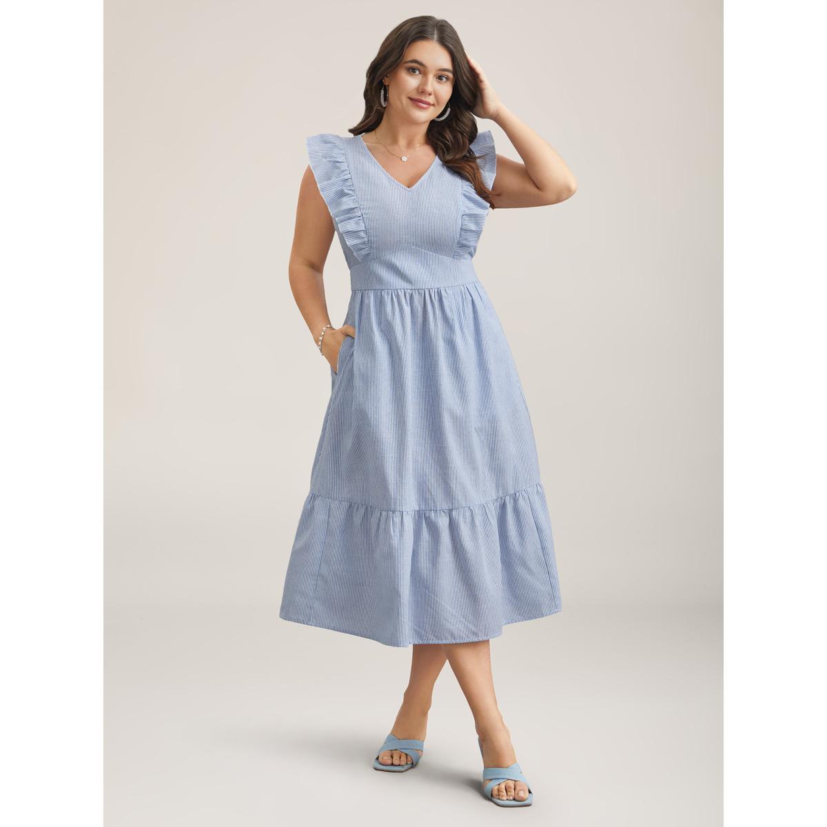 Plus Size Ruffled Striped Print Triangular Waist Midi Dress Skyblue Women Elegant Ruffles V-neck Cap Sleeve Curvy BloomChic 28/5X Product Image