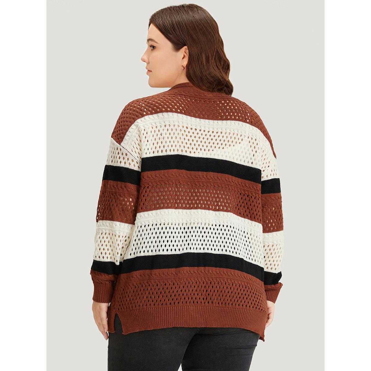 Plus Size Colorblock Contrast Geo Eyelet Button Through Cardigan Rust Women Casual Loose Long Sleeve Dailywear Cardigans BloomChic 26/4X Product Image