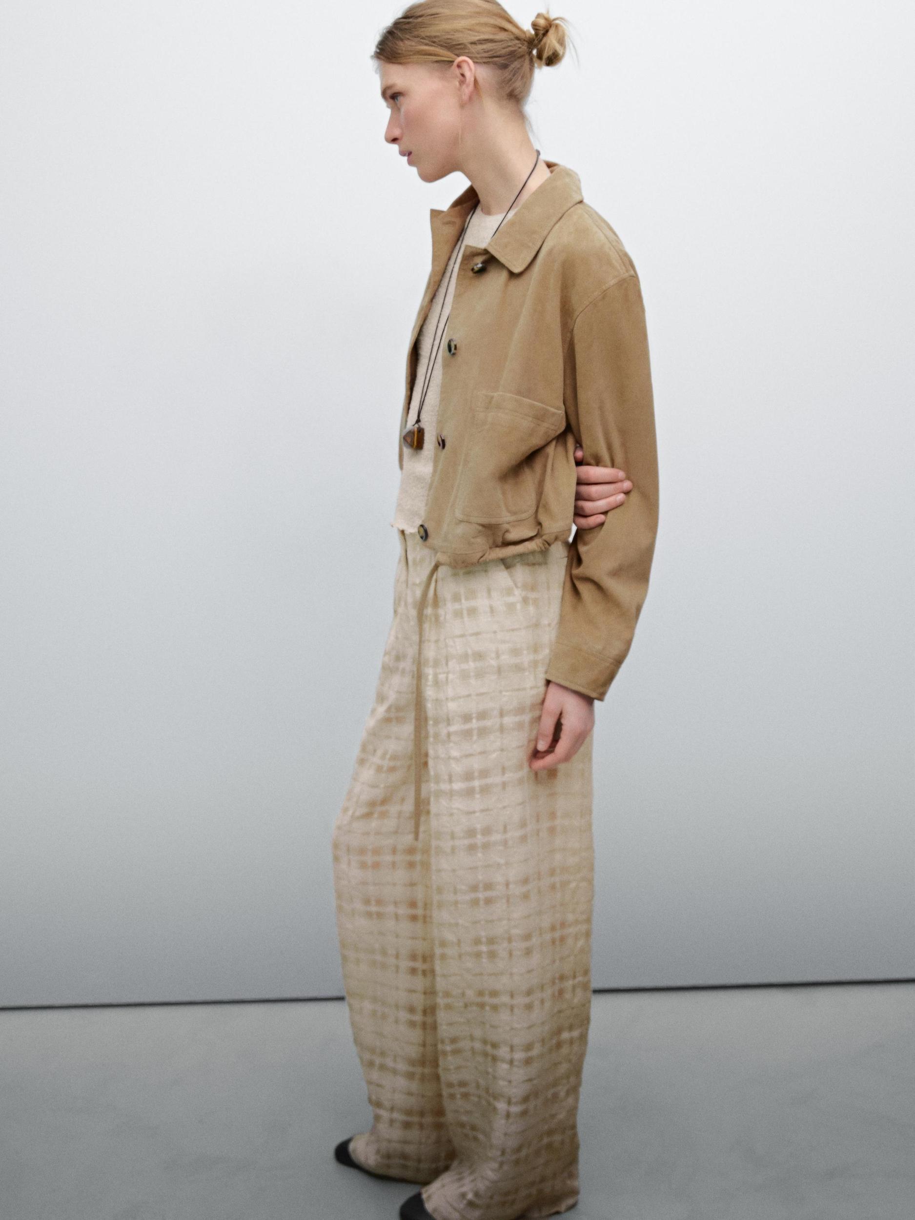 Flowing linen blend check trousers Product Image