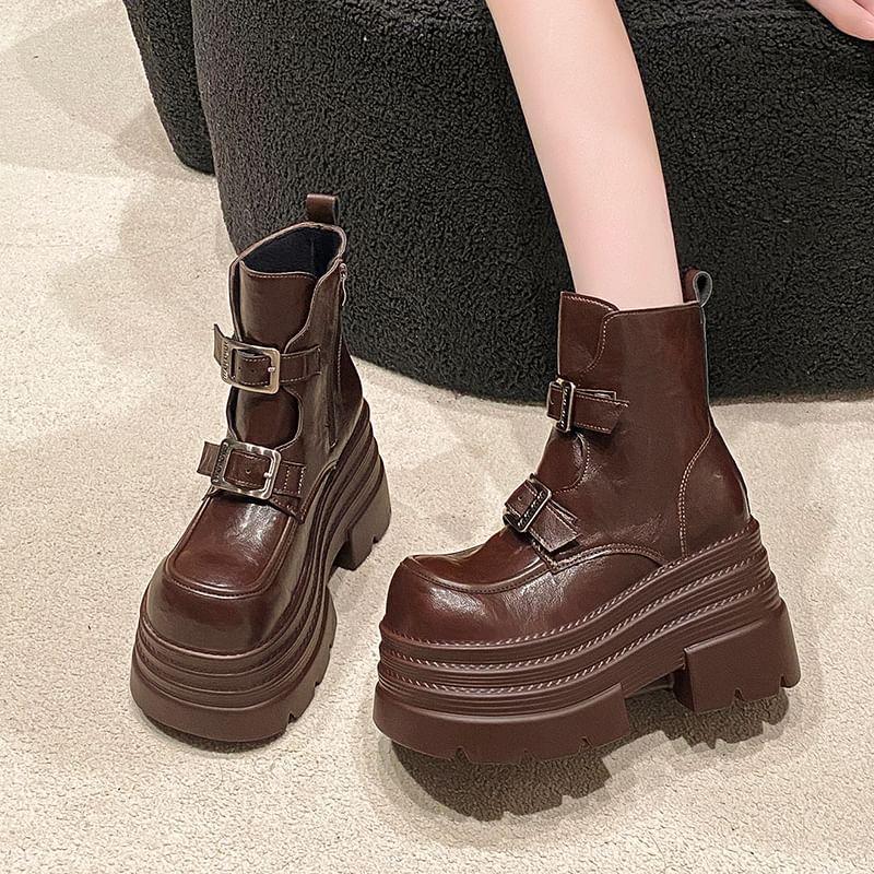 Faux Leather Buckled Platform Short Boots Product Image