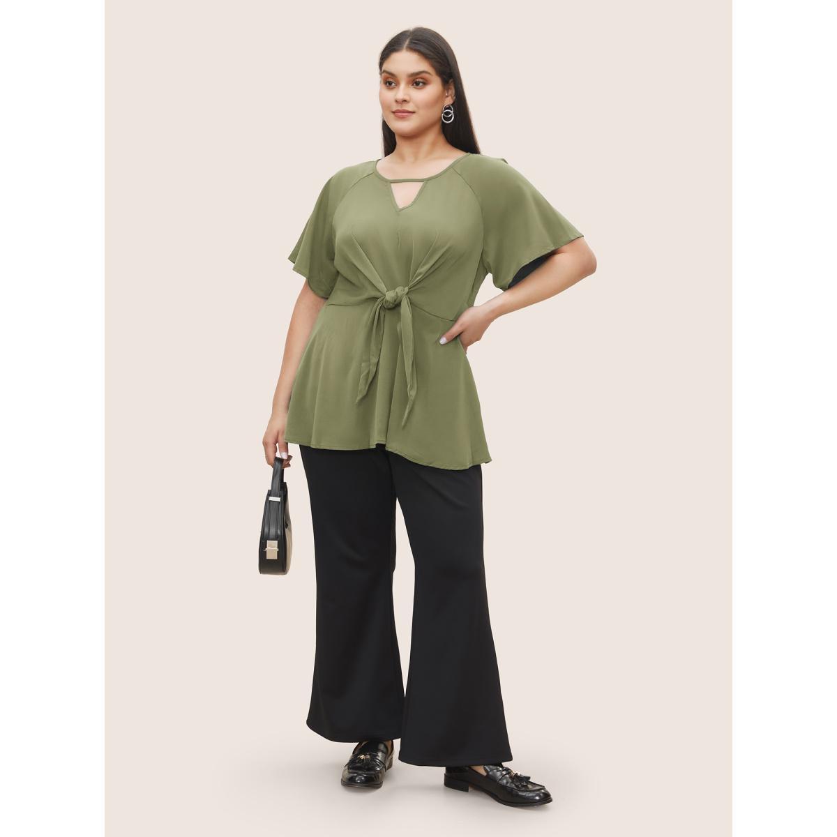 Plus Size ArmyGreen Plain Keyhole Knotted Front Ruffle Sleeve Blouse Women Work From Home Short sleeve Round Neck Work Blouses BloomChic 18-20/2X Product Image