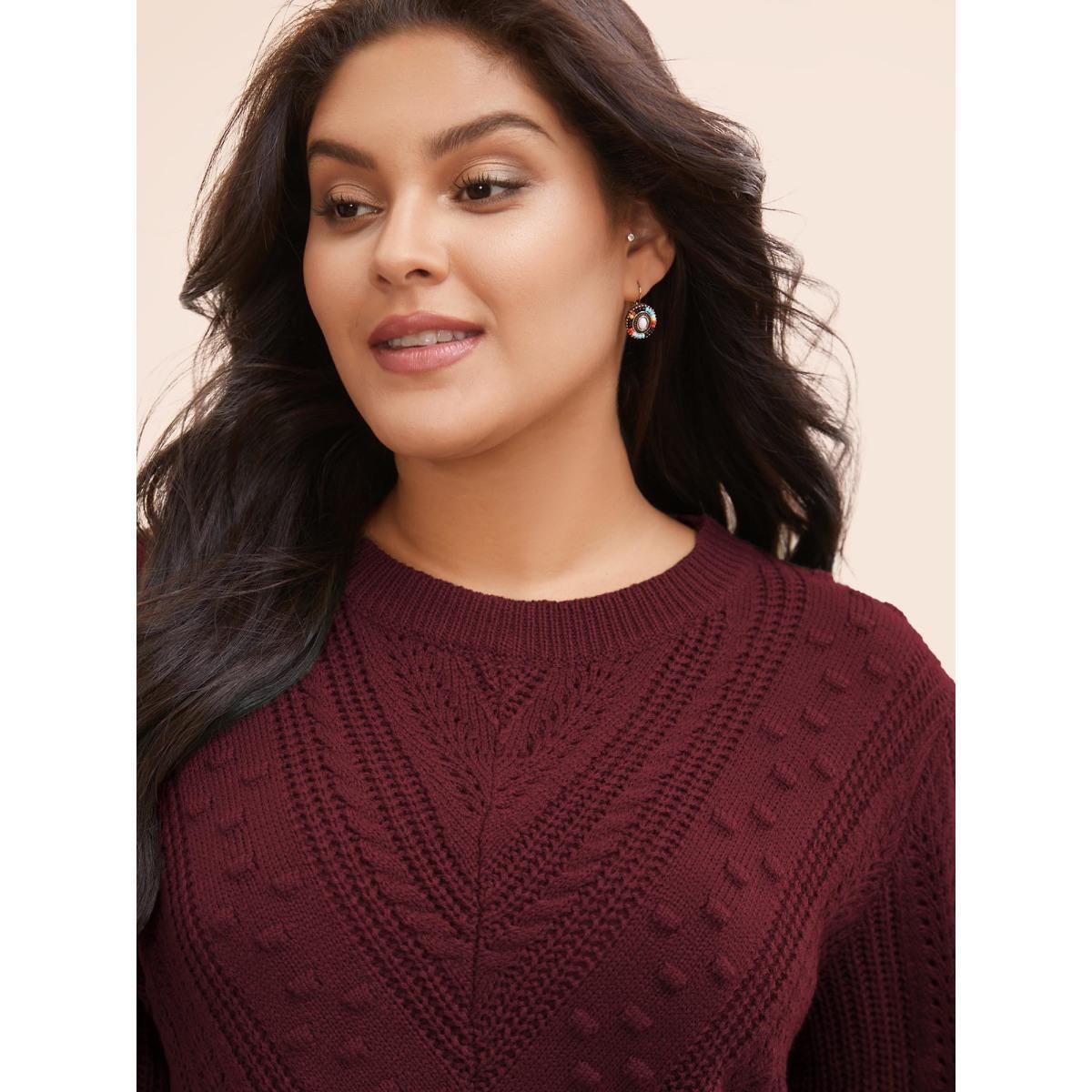 Plus Size Solid Round Neck Cable Knit Pullover Scarlet Women Casual Long Sleeve Round Neck Everyday Pullovers BloomChic 12/L Product Image