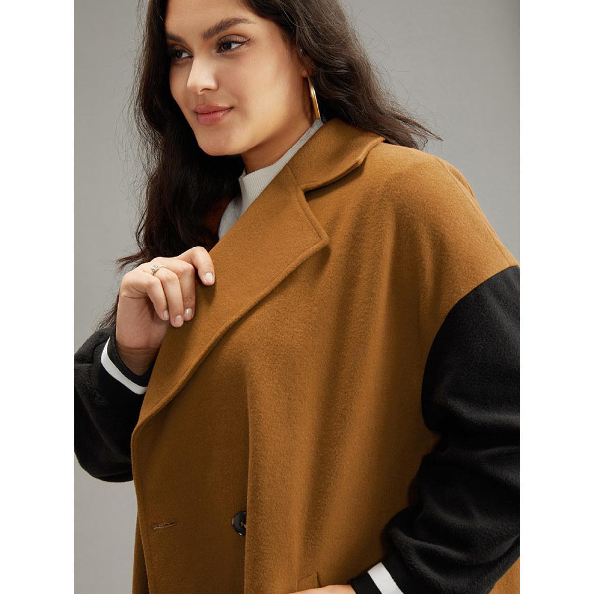 Plus Size Lapel Collar Patchwork Contrast Trim Coat Women Tan Casual Contrast Ladies Everyday Winter Coats BloomChic 18-20/2X Product Image
