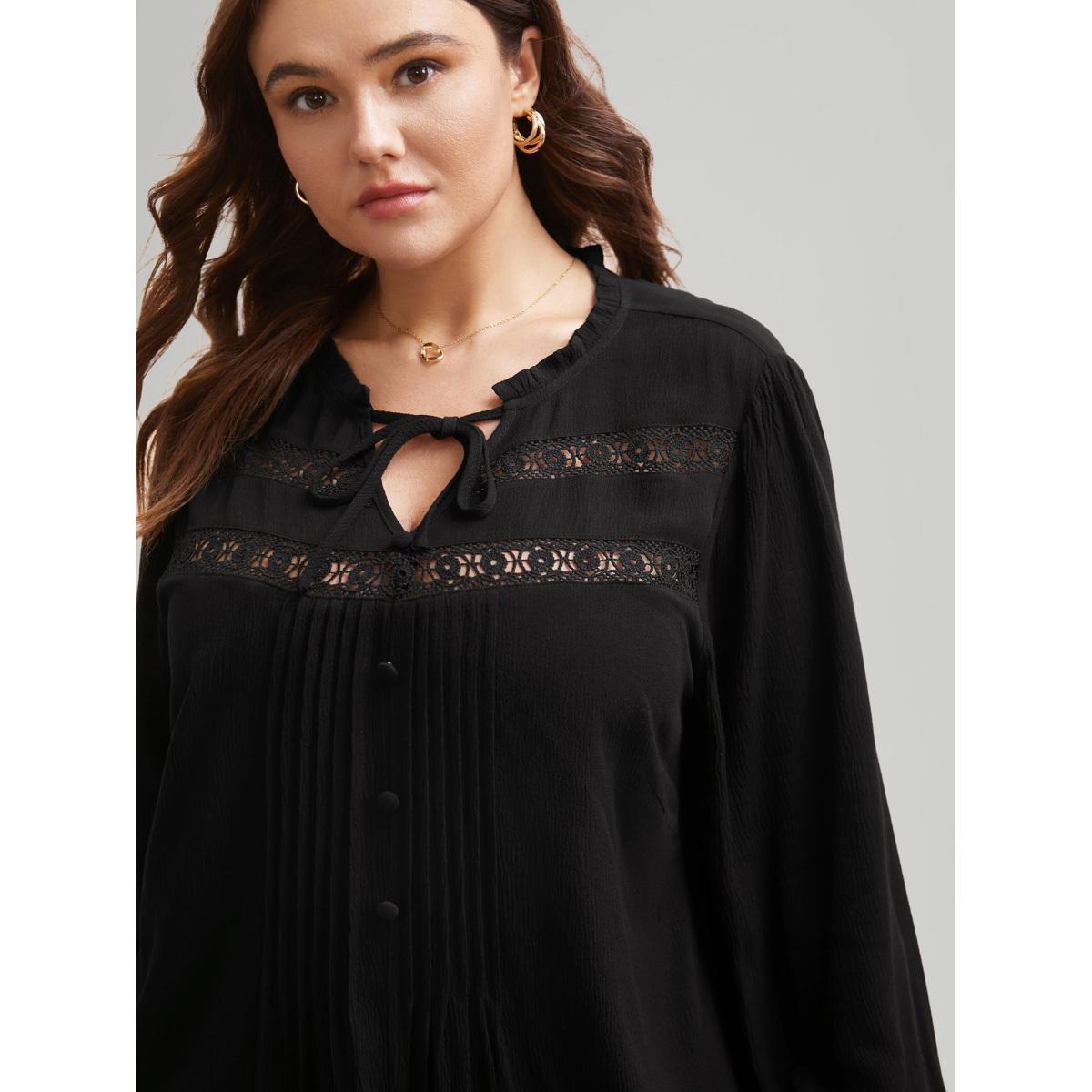 Plus Size Black Lace Patchwork Pleated Ruffles Blouse Women Elegant Long Sleeve V-neck Everyday Blouses BloomChic 12/L Product Image