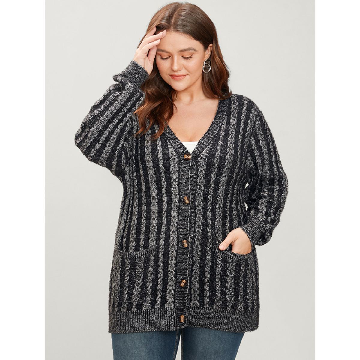 Plus Size Striped Contrast Pointelle Knit Pocket Button Front Heather Cardigan DimGray Women Casual Loose Long Sleeve Everyday Cardigans BloomChic 10/M Product Image