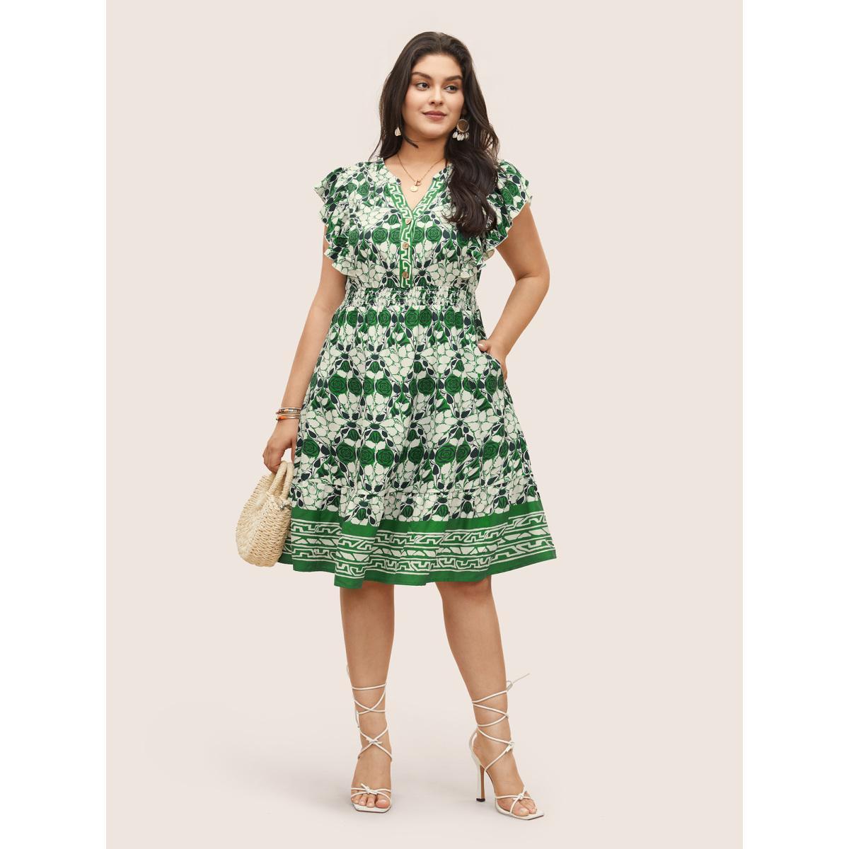 Plus Size Boho Print Ruffles Shirred Pocket Elastic Waist Dress Green Women Resort Non Notched collar Cap Sleeve Curvy Midi Dress BloomChic 14-16/1X Product Image
