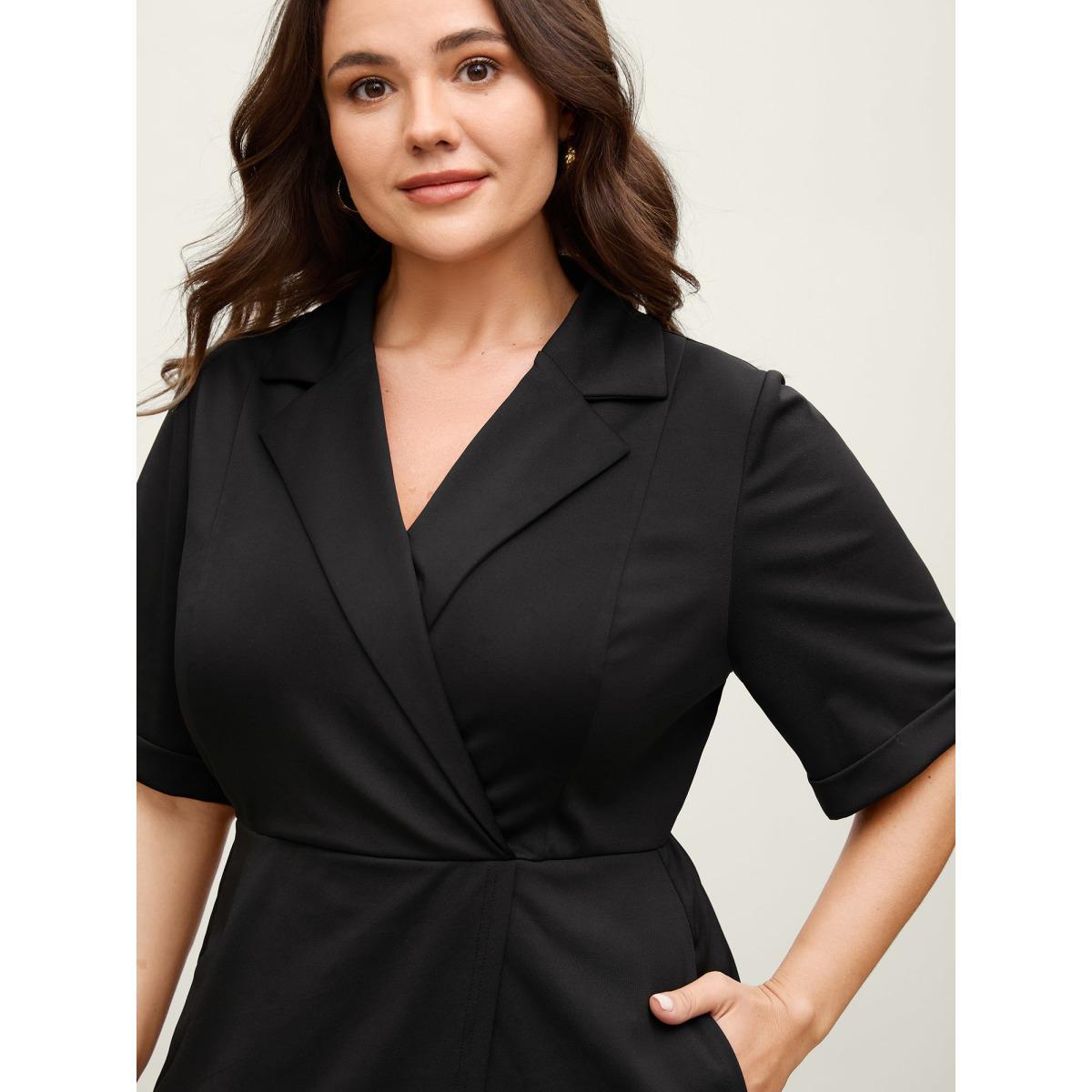 Plus Size Stretchy Blazer Collar Belted Knee-Length Dress Black Women Suit Collar Half Sleeve Curvy BloomChic 22-24/3X Product Image