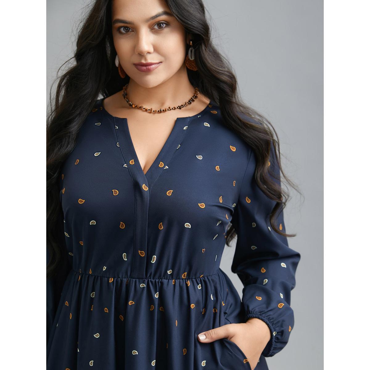 Plus Size Notched Collar Boho Print Contrast Dress Navy Women Resort Non Flat collar with V-notch Long Sleeve Curvy BloomChic 12/L Product Image