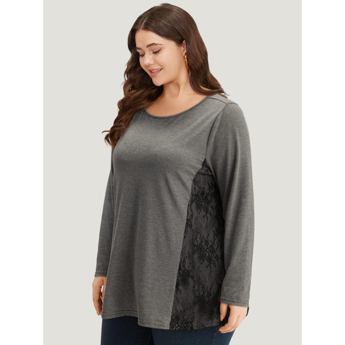 Plus Size Crochet Lace Crew Neck Patchwork T-shirt Gray Women Elegant Contrast Plain Round Neck Everyday T-shirts BloomChic 12/L Product Image