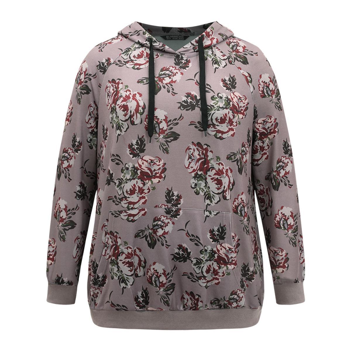 Plus Size Floral Drawstring Hooded Kangaroo Pocket Sweatshirt Women Gray Elegant Printed Hooded Dailywear Sweatshirts BloomChic 12/L Product Image