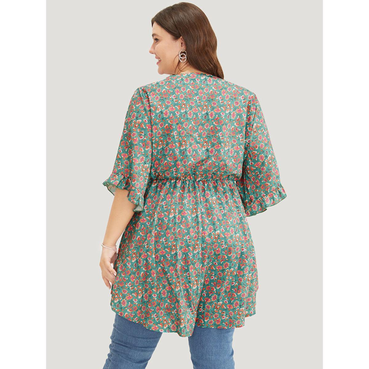 Plus Size Emerald Ditsy Floral Ruffle Sleeve Notched High Low Hem Blouse Women Elegant Short sleeve Notched collar Dailywear Blouses BloomChic 22-24/3X Product Image