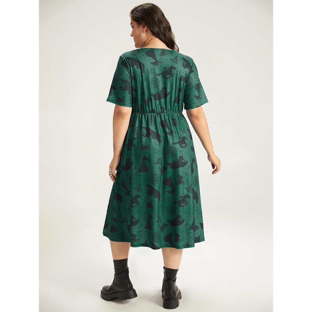 Plus Size Halloween Graphic Crisscross Neck Pocket Flutter Dress DarkGreen Women Casual Gathered V-neck Short sleeve Curvy Midi Dress BloomChic 18-20/2X Product Image