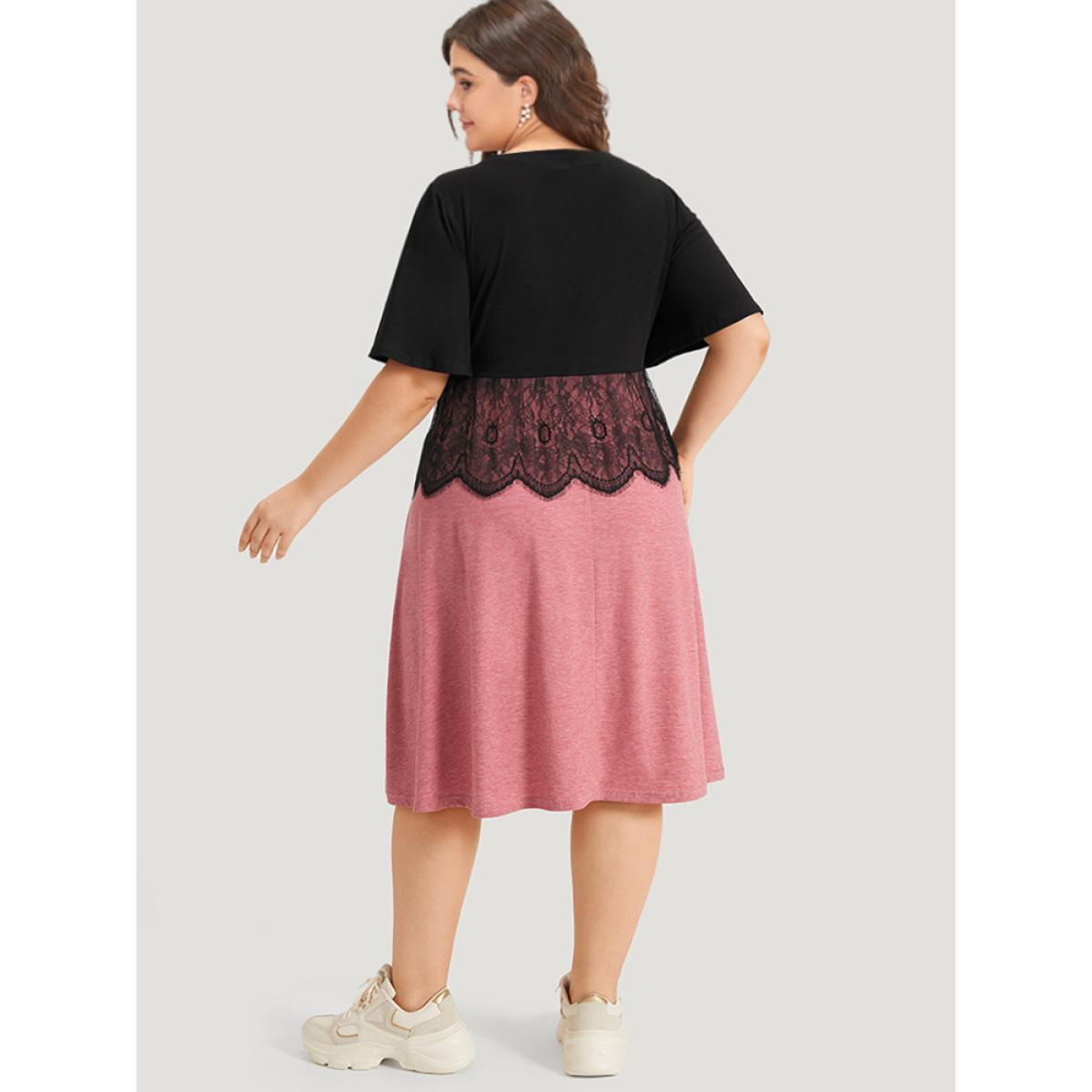 Plus Size Supersoft Essentials Colorblock Contrast Guipure Lace Flutter Sleeve Dress Rouge Women Casual Contrast Round Neck Short sleeve Curvy Midi Dress BloomChic 26/4X Product Image