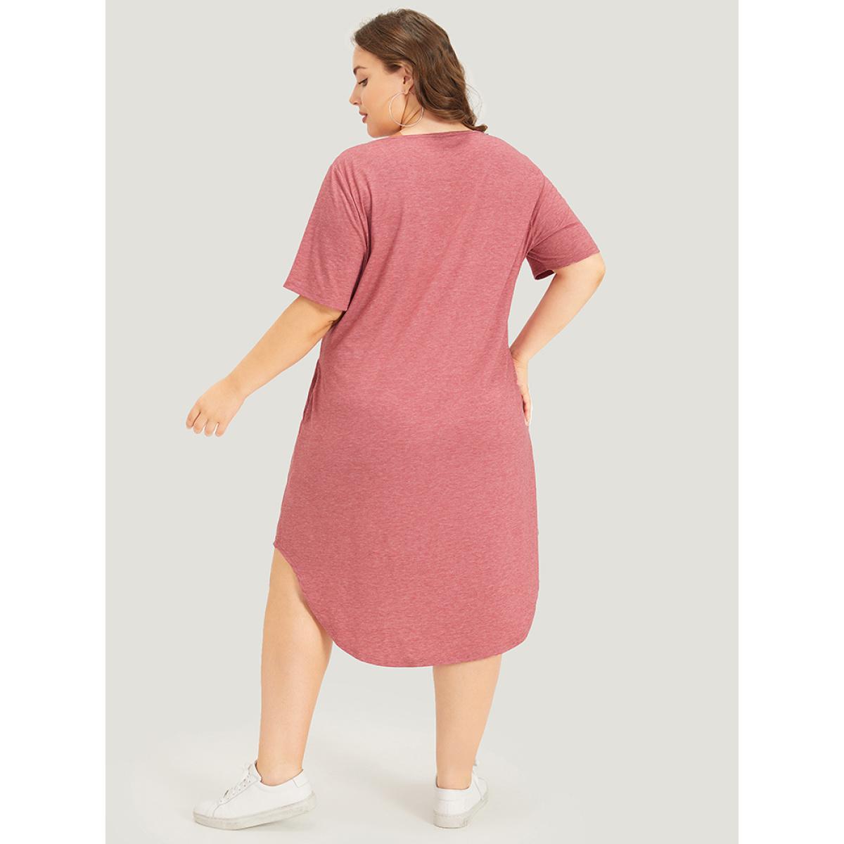 Plus Size Supersoft Essentials Letter & Floral Print V Neck Curved Hem Dress DustyPink Women Casual Plain Curvy Midi Dress BloomChic 14-16/1X Product Image
