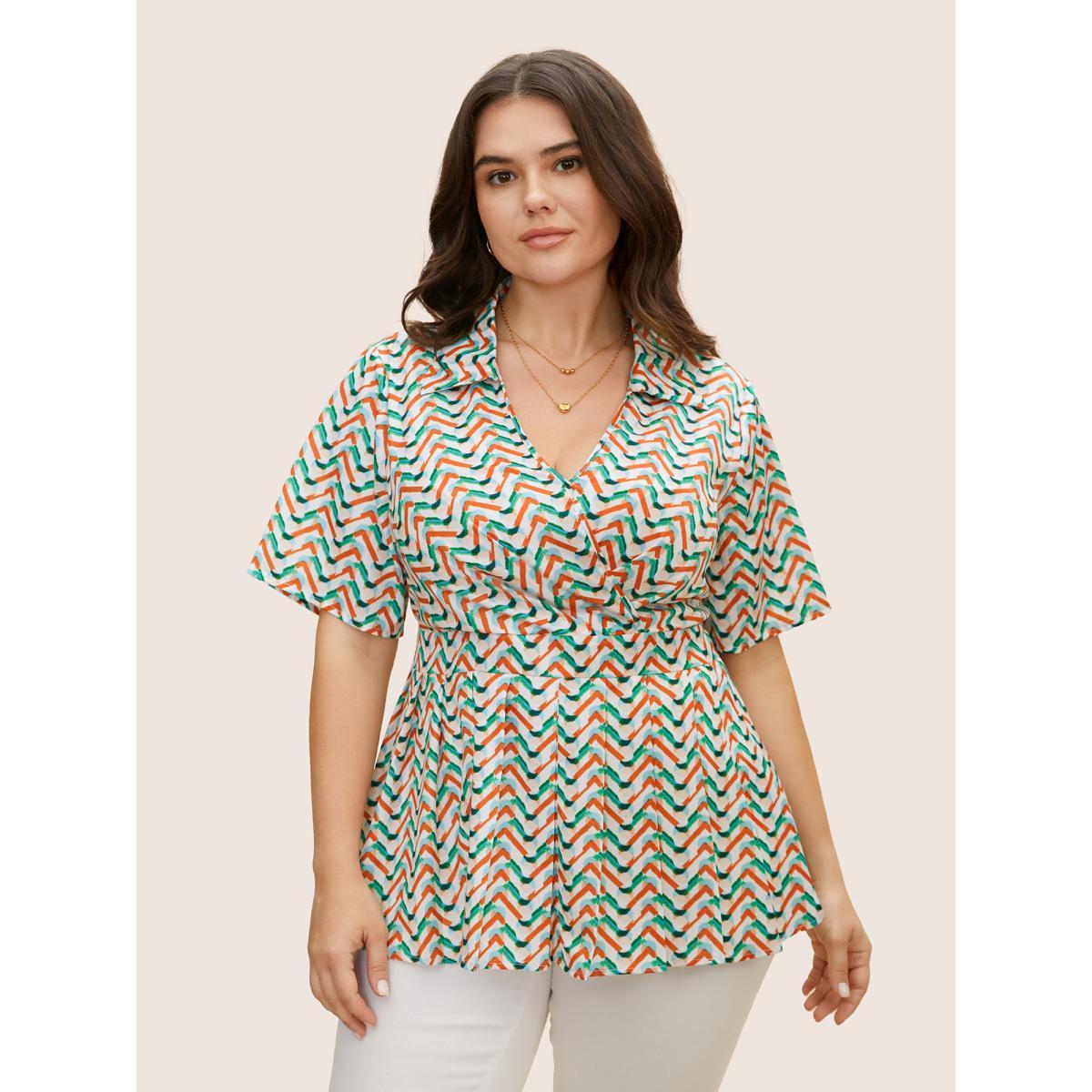 Plus Size Multicolor Shirt Collar Striped Wrap Pleated Blouse Women At the Office Half Sleeve Shirt collar Work Blouses BloomChic 26/4X Product Image
