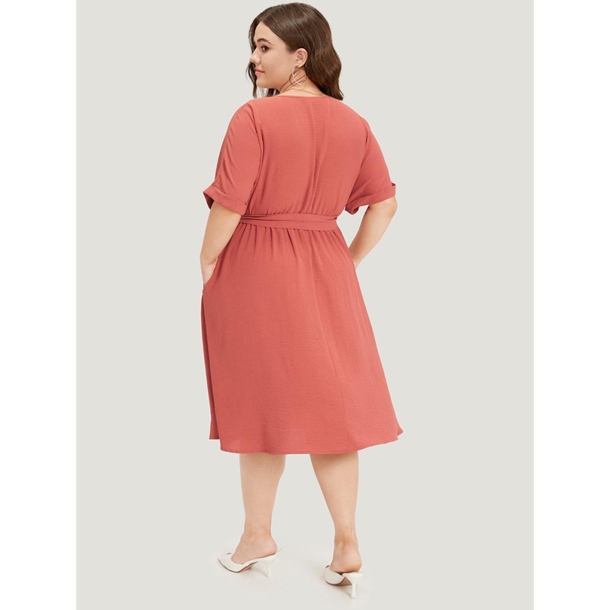 Plus Size Solid Pocket Button Detail Ties Roll Sleeve Dress Rust Women Office Plain V-neck Short sleeve Curvy Midi Dress BloomChic 10/M Product Image