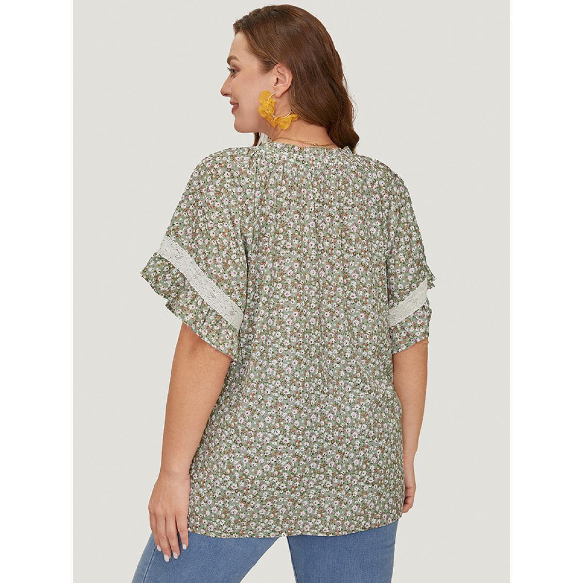 Plus Size Sage Ditsy Floral Frill Trim Lace Ruffle Sleeve Tie Neck Blouse Women Elegant Short sleeve Tie Neck Dailywear Blouses BloomChic 26/4X Product Image