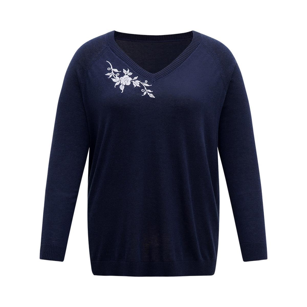 Plus Size Supersoft Essentials Floral Embroidered Pullover Indigo Women Casual Loose Long Sleeve V-neck Dailywear Pullovers BloomChic 30/6X Product Image