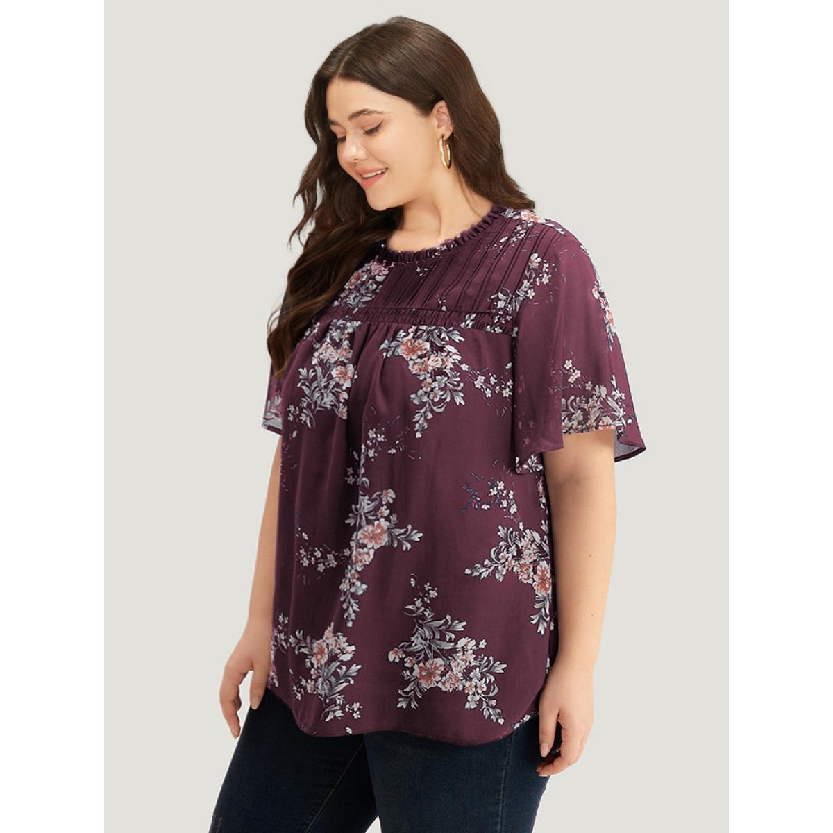 Plus Size Indigo Floral Print Frill Trim Shirred Flutter Sleeve Blouse Women Elegant Short sleeve Round Neck Dailywear Blouses BloomChic 10/M Product Image