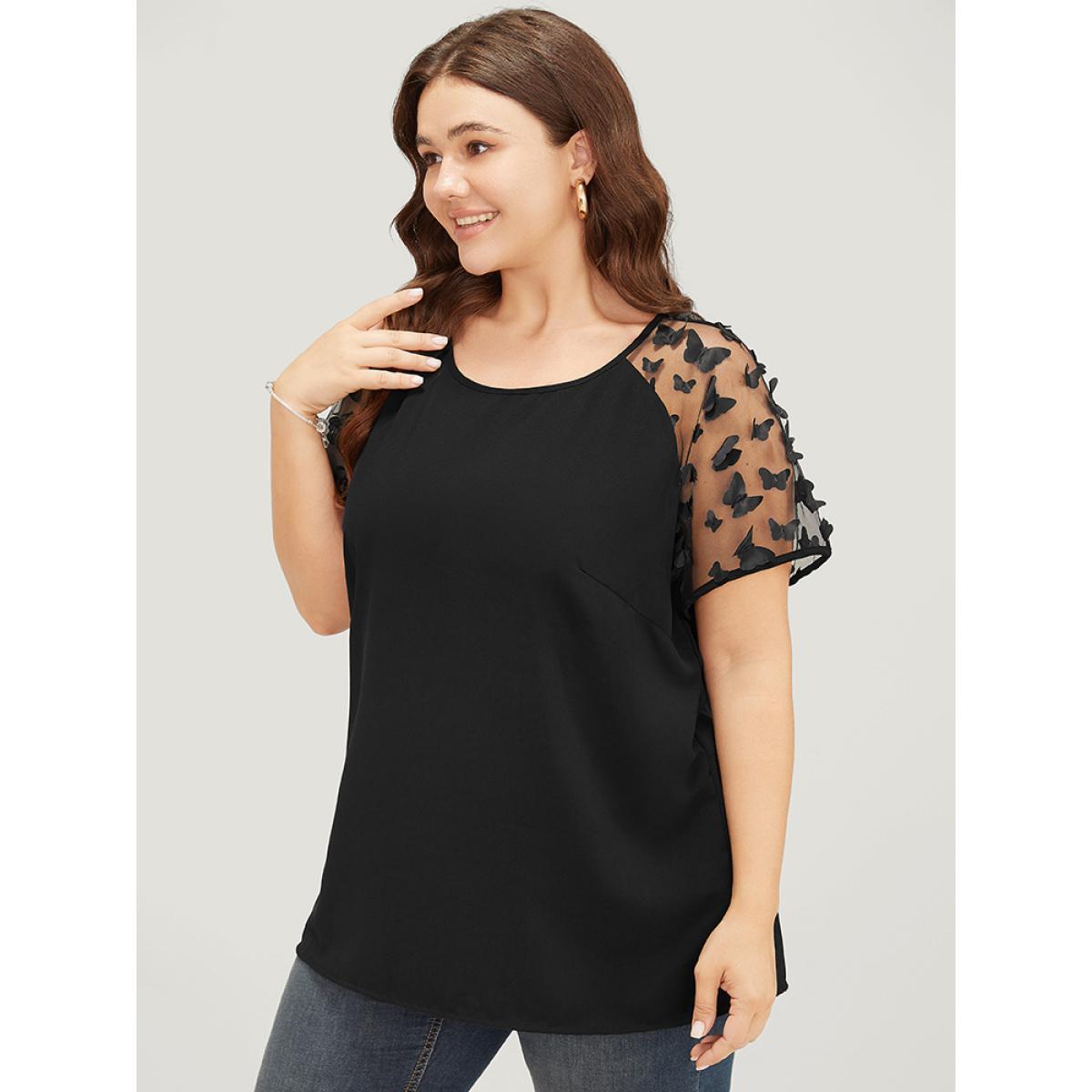 Plus Size Black Plain Butterfly Appliques Mesh Raglan Sleeve Blouse Women Party Short sleeve Round Neck Dailywear Blouses BloomChic 30/6X Product Image
