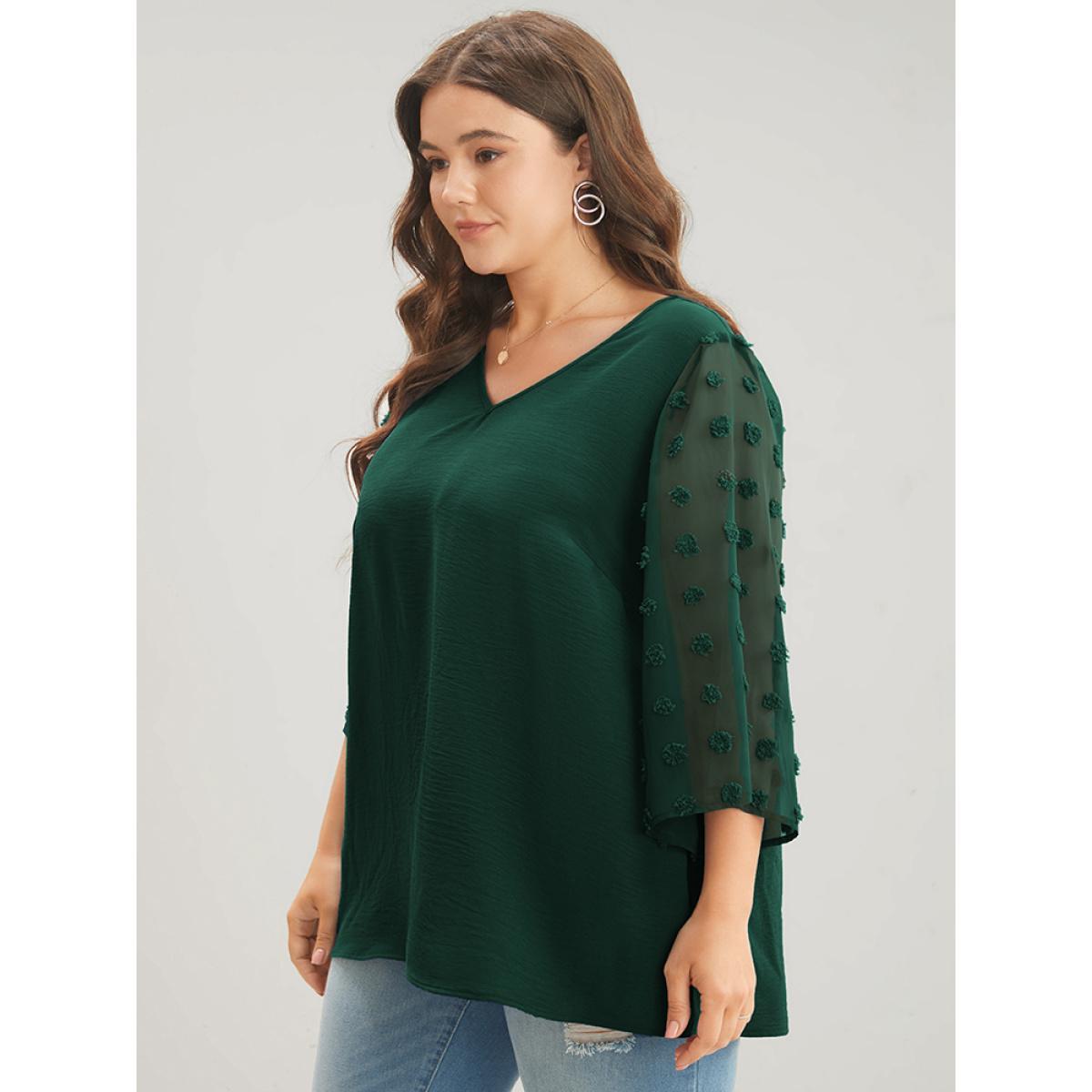 Plus Size ArmyGreen Polka Dot Mesh Patchwork Flounce Sleeve Blouse Women Casual Elbow-length sleeve V-neck Dailywear Blouses BloomChic 12/L Product Image