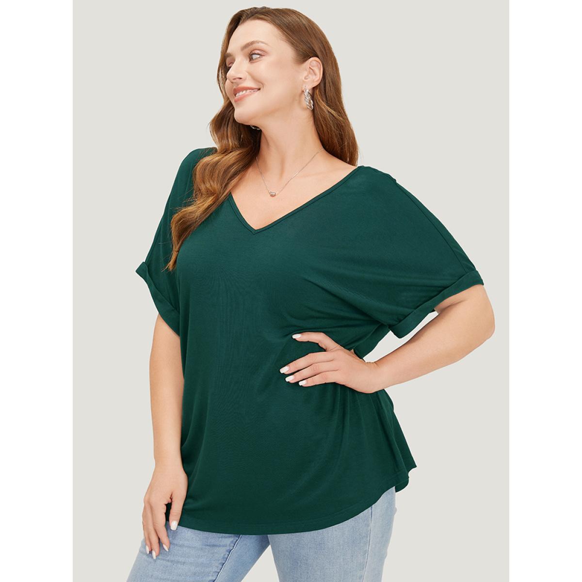 Plus Size Solid Backless Roll Sleeve Cut Out T-shirt Green Women Elegant Cut-Out Plain V-neck Dailywear T-shirts BloomChic 12/L Product Image