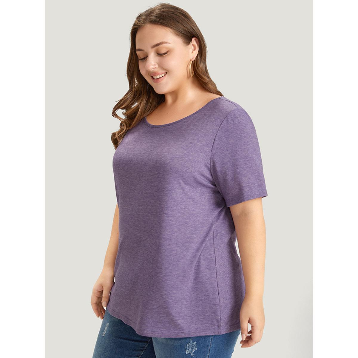 Plus Size Plain Contrast Lace Heather T-shirt Mauve Women Elegant Heather Plain Round Neck Dailywear T-shirts BloomChic 18-20/2X Product Image