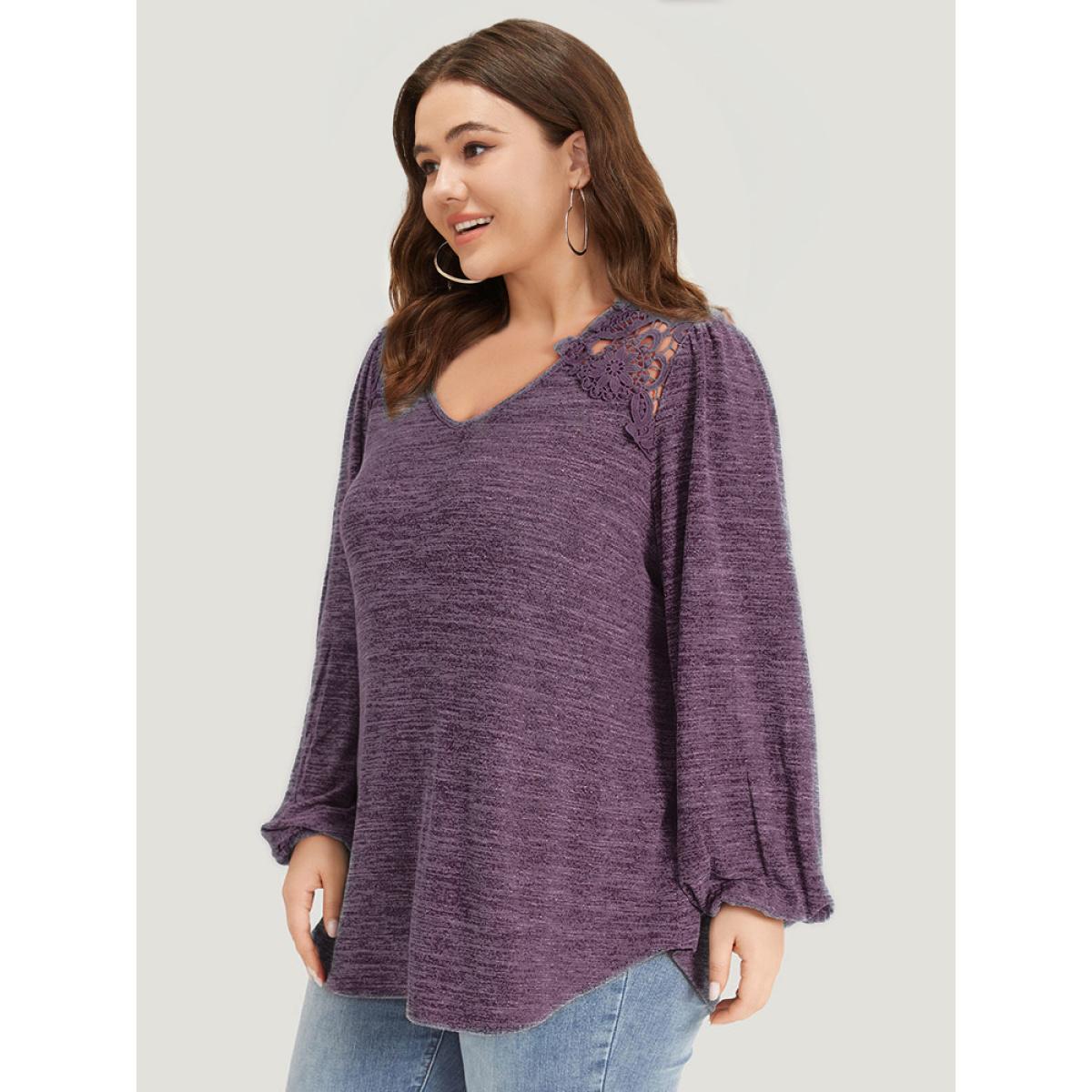 Plus Size Lace Insert Curved Hem Lantern Sleeve Sweatshirt Women Purple Elegant Elastic cuffs V-neck Dailywear Sweatshirts BloomChic 18-20/2X Product Image