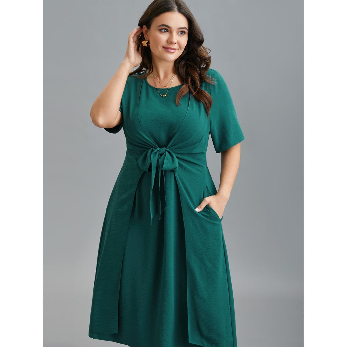 Plus Size 2-in-1 Waist-Tie Pockets Fit & Flare Dress Emerald Women Elegant Overlapping Round Neck Short sleeve Curvy BloomChic 26/4X Product Image