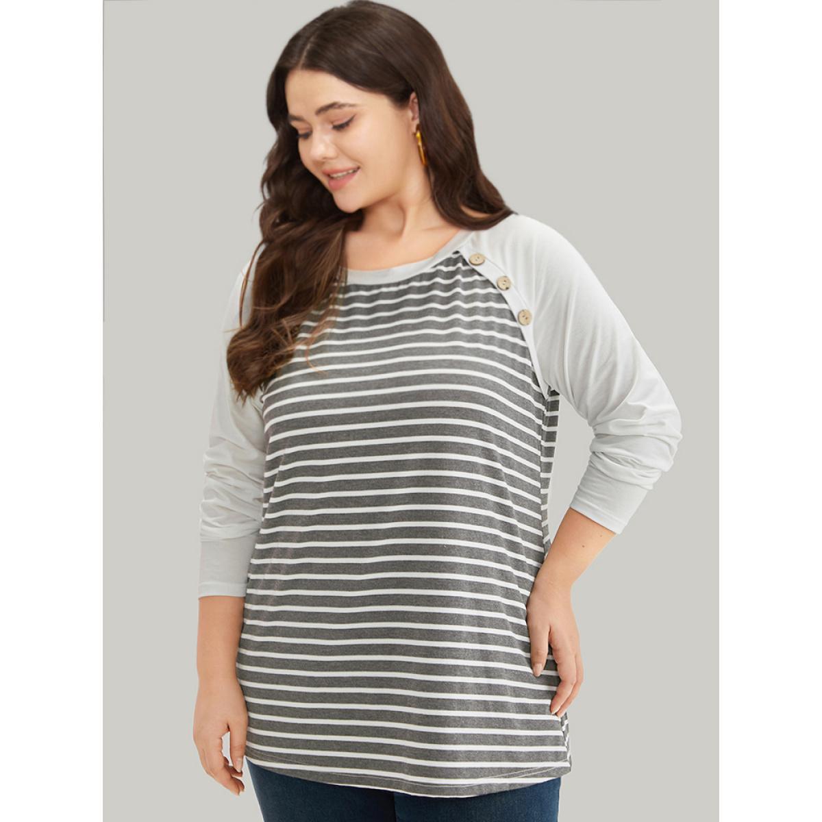 Plus Size Striped Patchwork Button Detail Raglan Sleeve T-shirt Gray Women Casual Patchwork Striped Round Neck Dailywear T-shirts BloomChic 18-20/2X Product Image