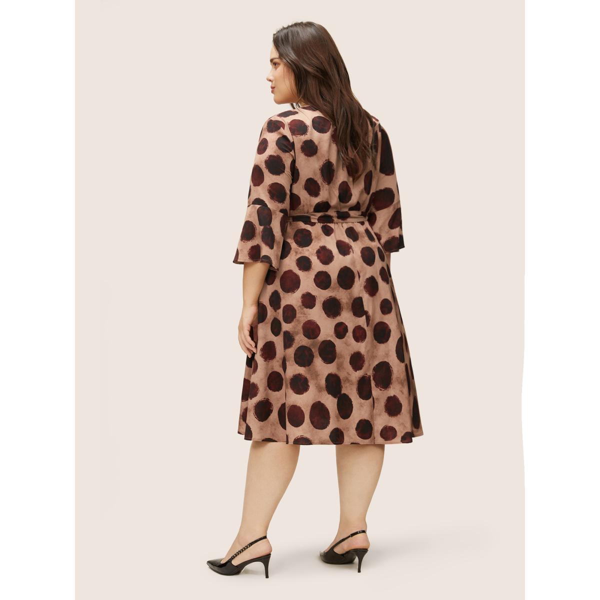 Plus Size Geometric Notched Bell Sleeve Belted Dress Russet Women At the Office Non Notched collar Elbow-length sleeve Curvy Midi Dress BloomChic 26/4X Product Image