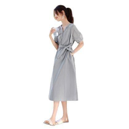 Short-Sleeve Notch Neck Plain Sashed Midi A-Line Dress Product Image