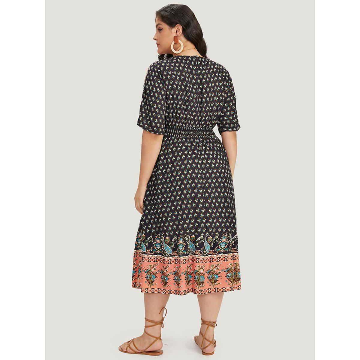 Plus Size Bandana Print Wrap Shirred Batwing Sleeve Dress DarkBlue Women Vacation Printed V-neck Short sleeve Curvy Midi Dress BloomChic 30/6X Product Image